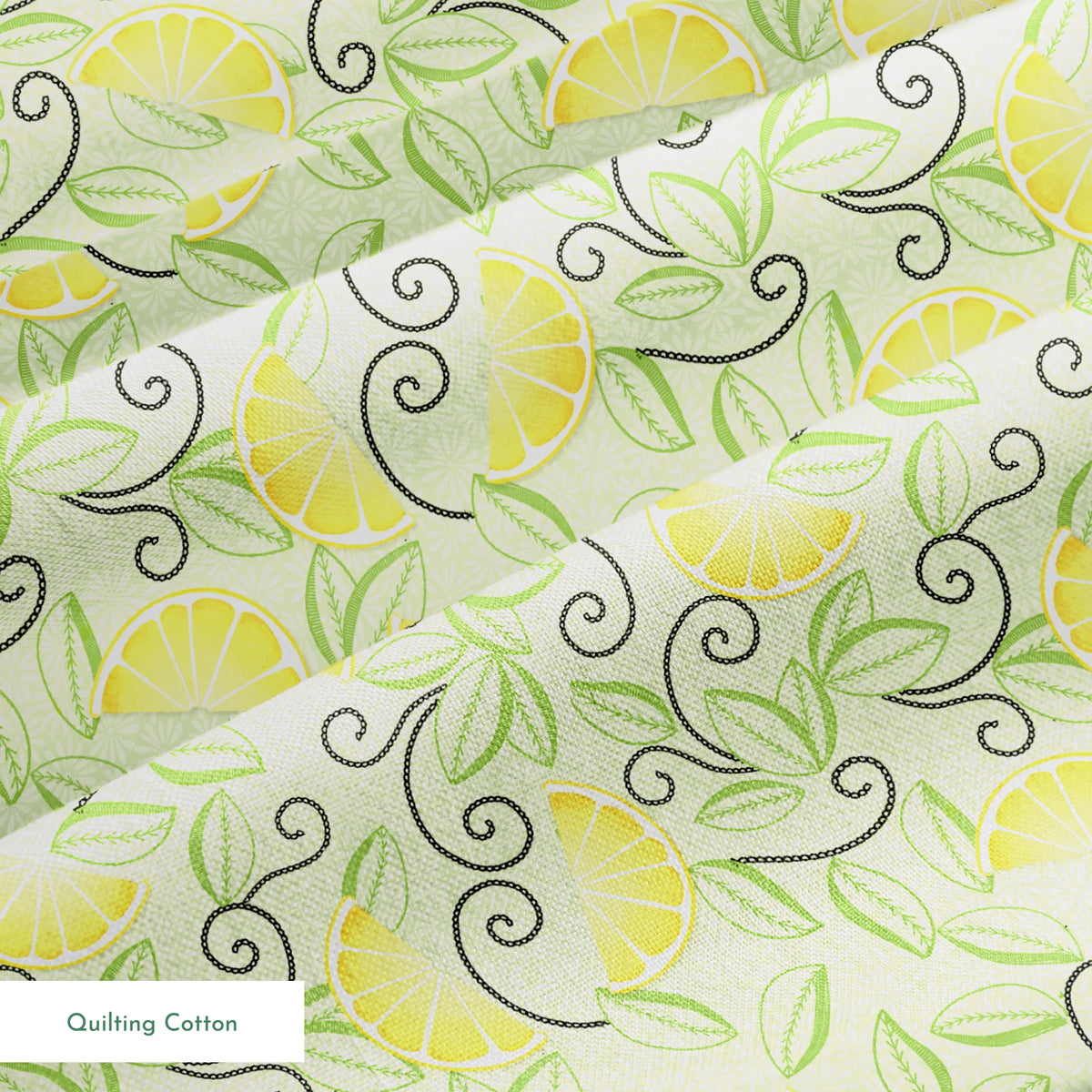 Yellow lemon slices with swirling green leaves on a soft green background in a playful, fresh layout. springs quiltingcotton texture