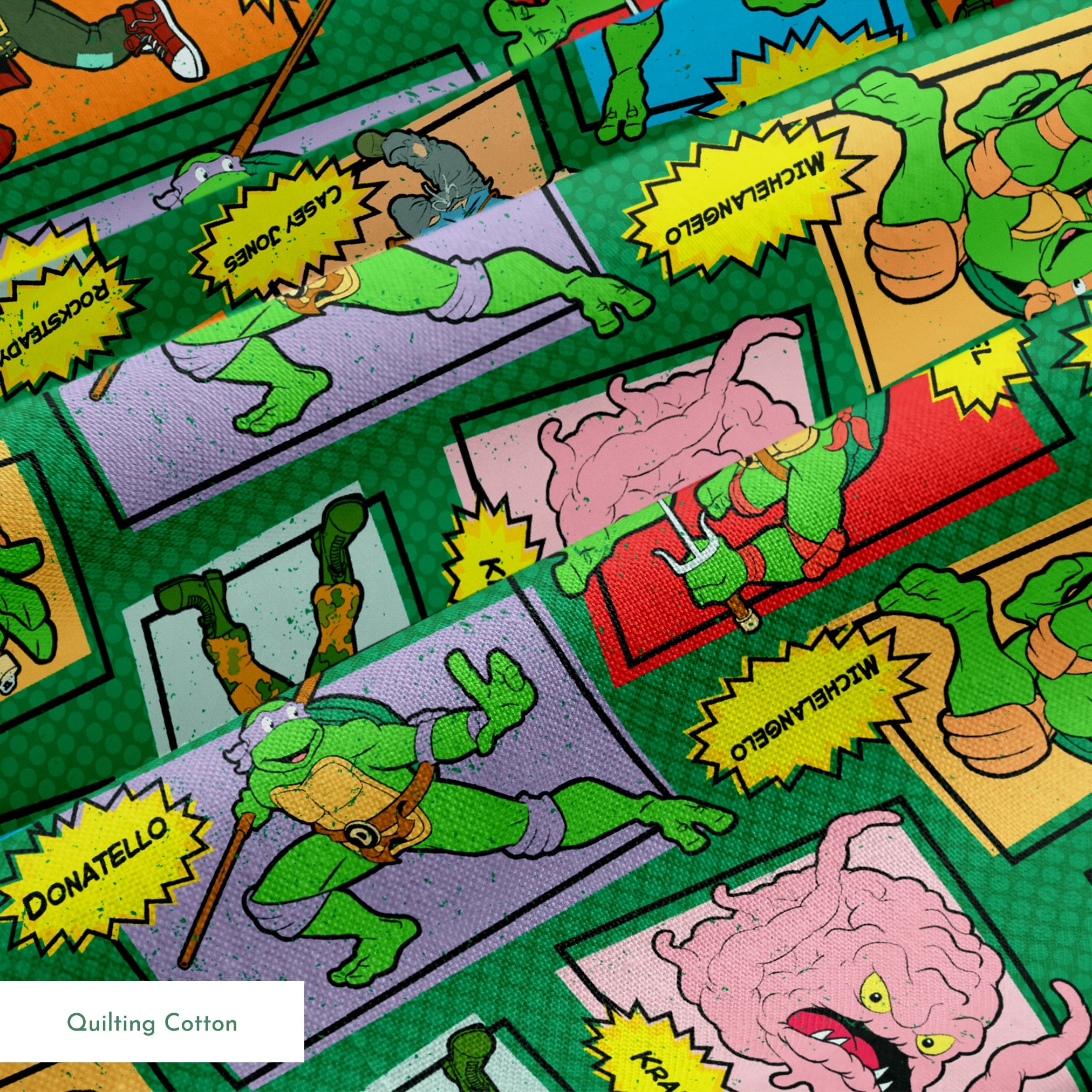 Retro Teenage Mutant Ninja Turtles comic print with turtles, villains, and action words in colorful panels. springs quiltingcotton texture