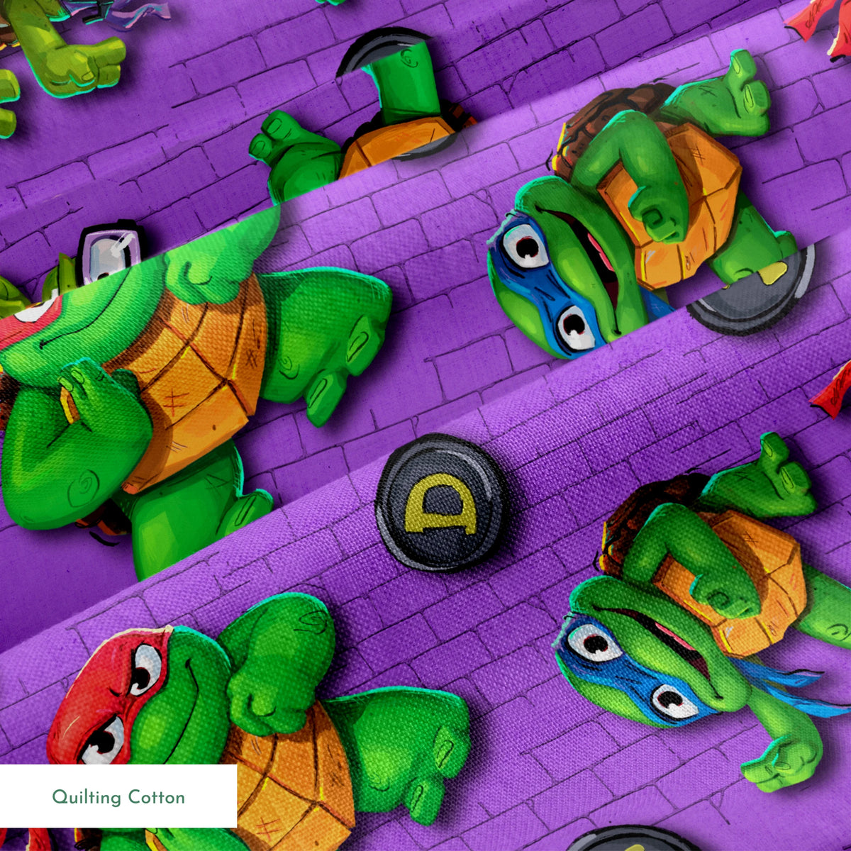 Teenage Mutant Ninja Turtles characters on a purple brick background with lettered manhole covers. springs quiltingcotton texture