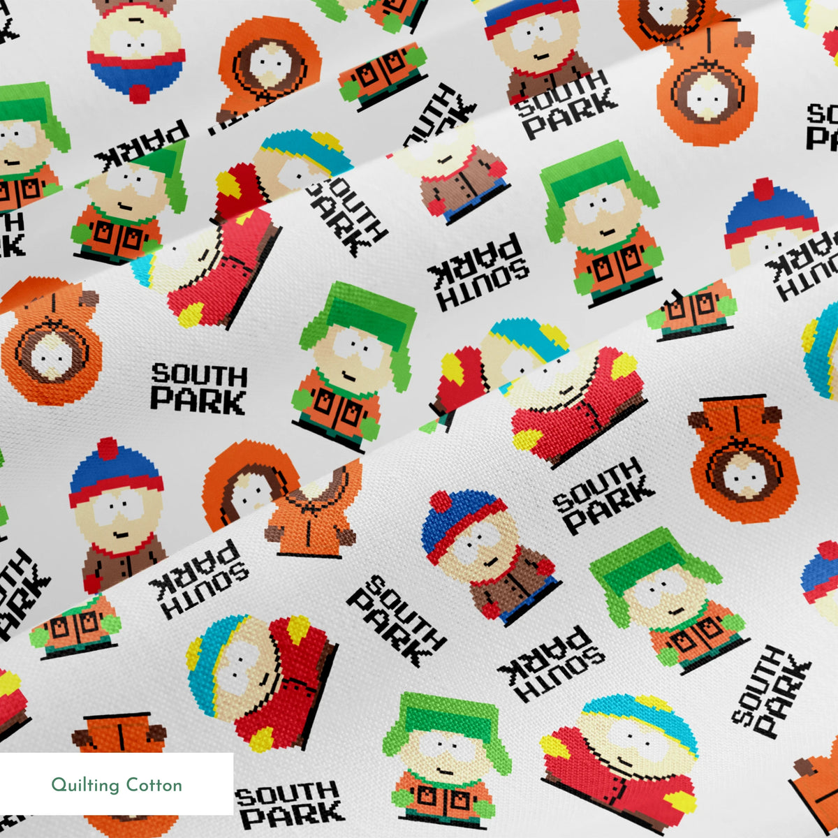 Pixel art versions of Stan, Kyle, Cartman, and Kenny with the South Park logo in black, tossed on a white background in various rotations. springs quiltingcotton texture