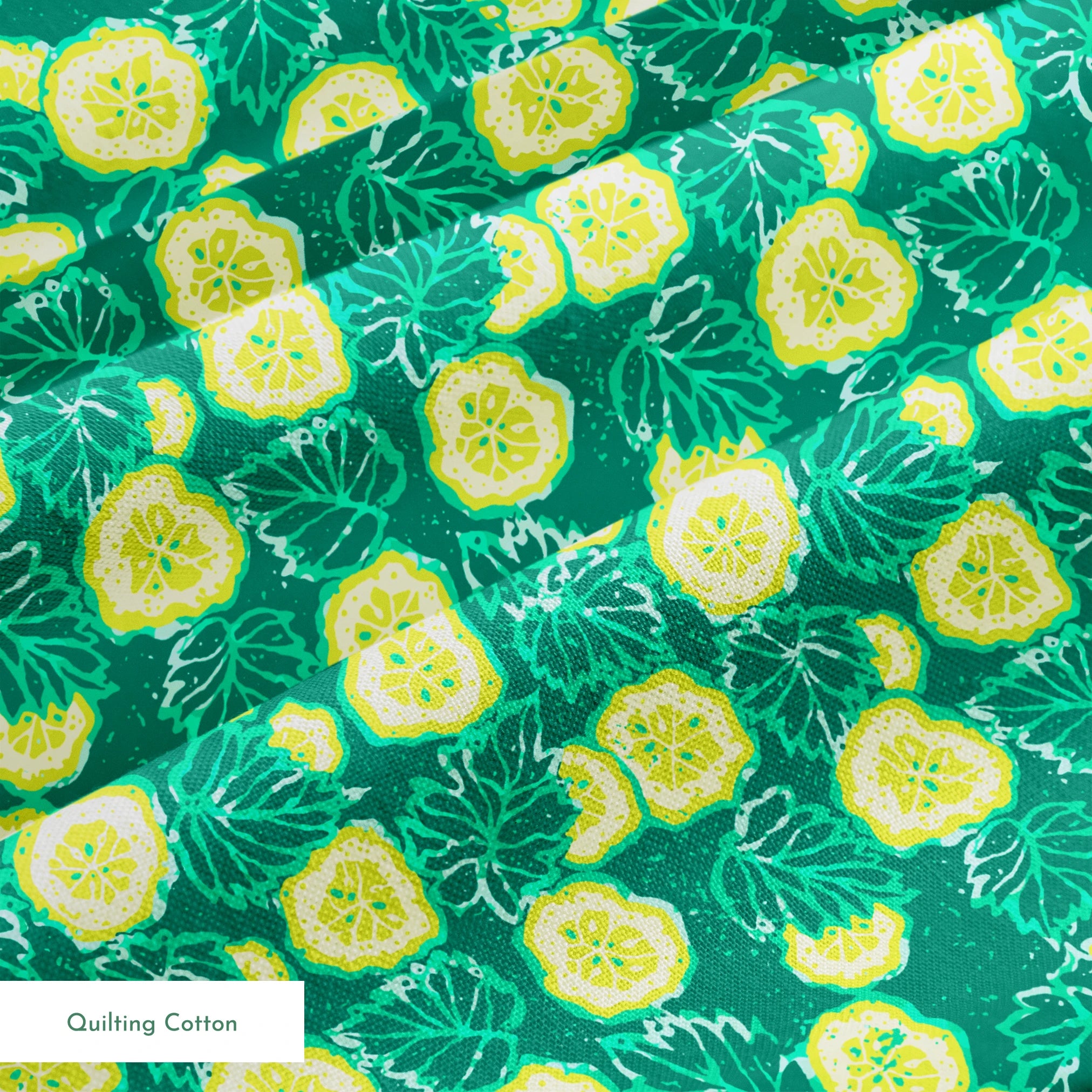 Vibrant green background with yellow cucumber slices and light green leafy patterns springs quiltingcotton texture