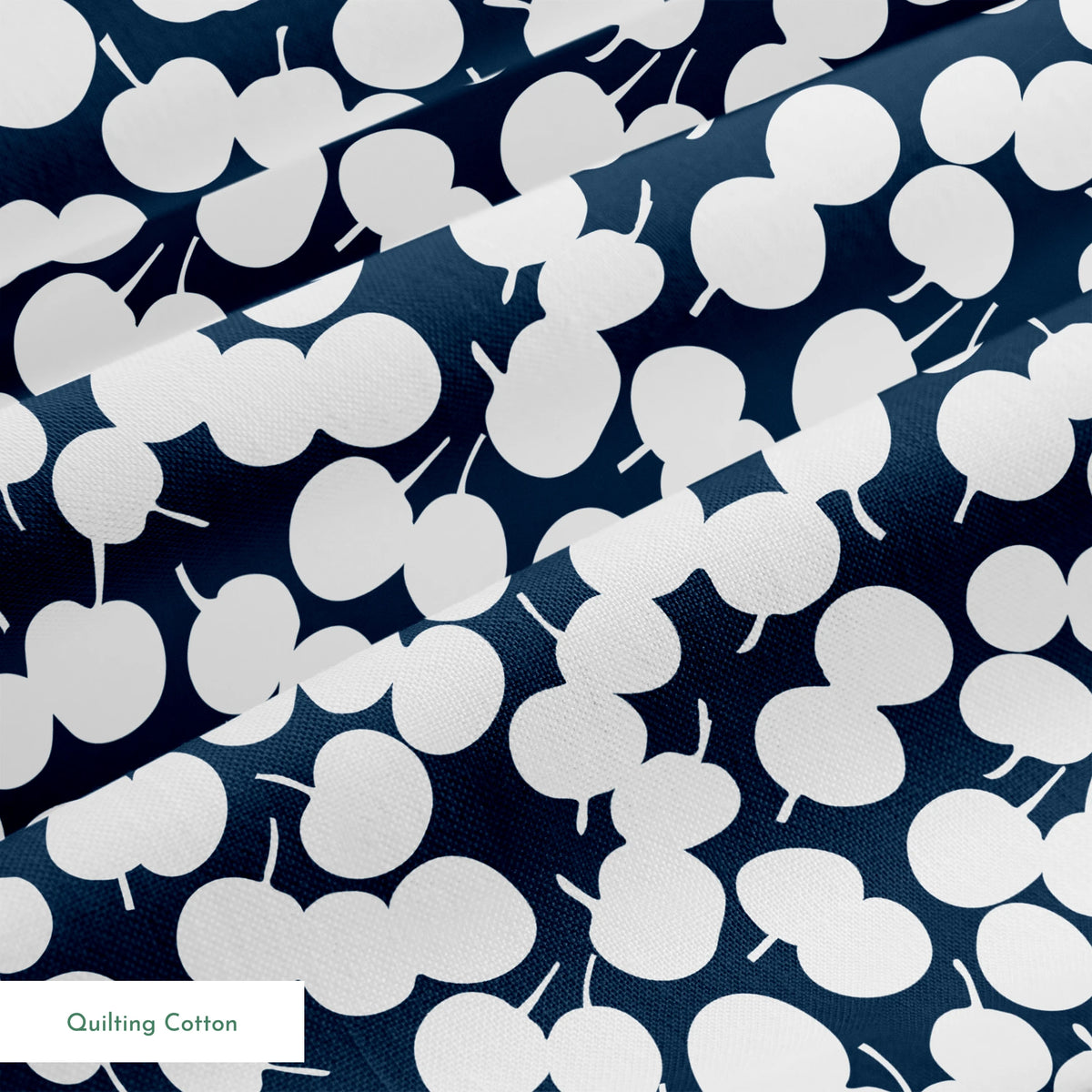 White cherry silhouettes scattered across a deep navy blue background in a playful pattern springs quiltingcotton texture
