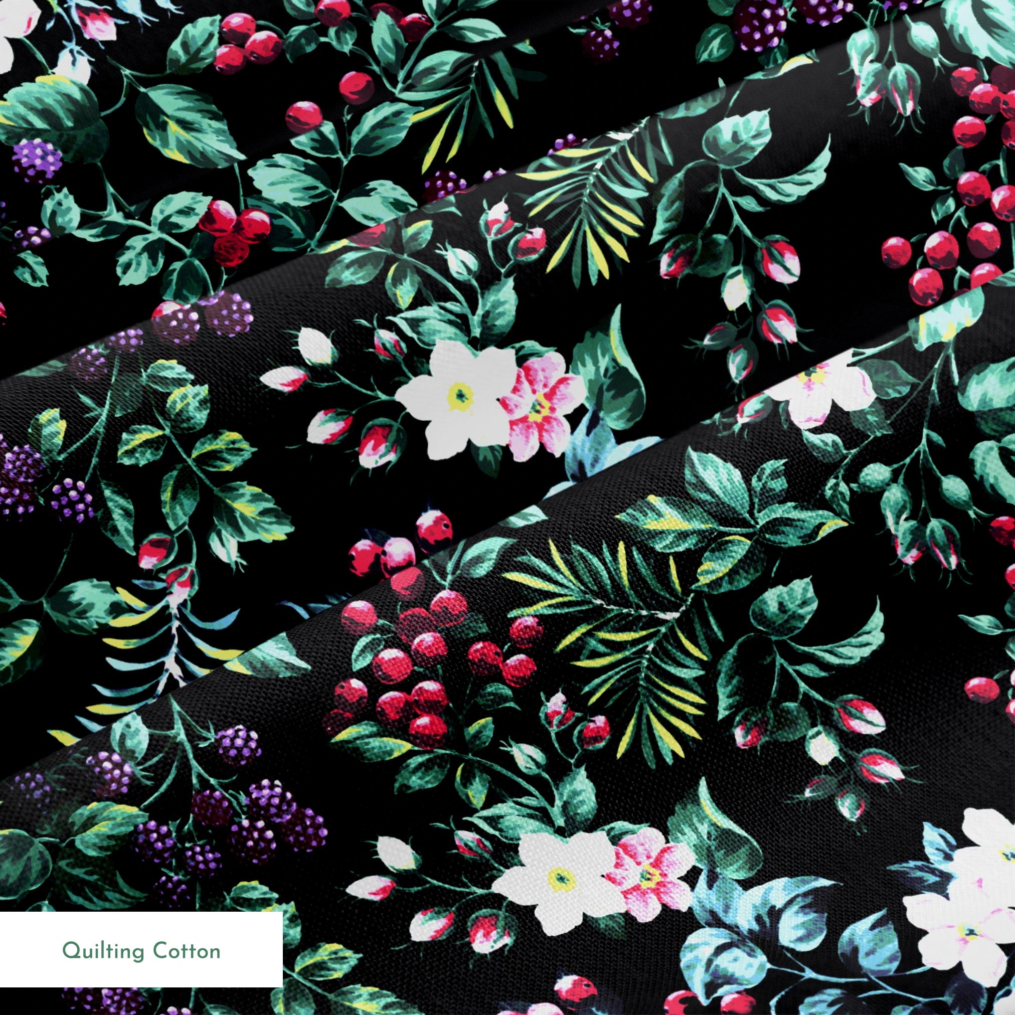Colorful botanical pattern with white flowers, red cherries, purple blackberries, and green leaves on black background springs quiltingcotton texture