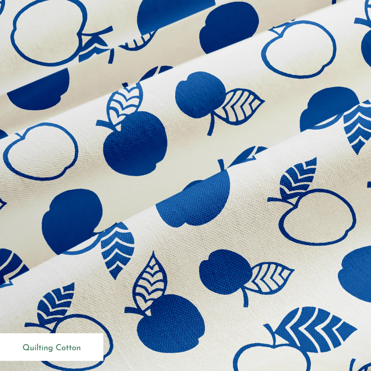 Blue apple illustrations and leaf outlines arranged in a scattered pattern on cream background. springs quiltingcotton texture