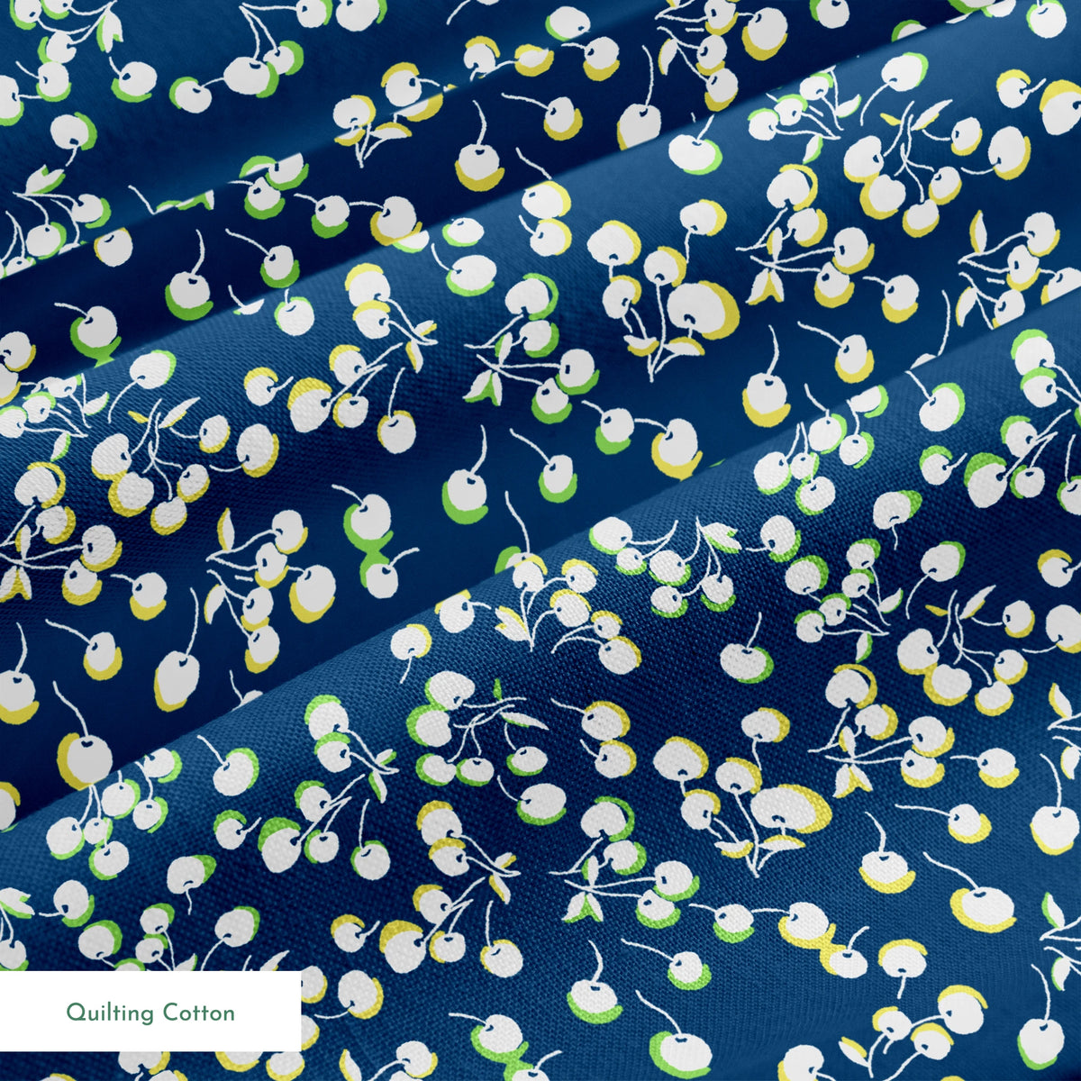 Delicate white and yellow floral pattern scattered across a deep navy blue background springs quiltingcotton texture