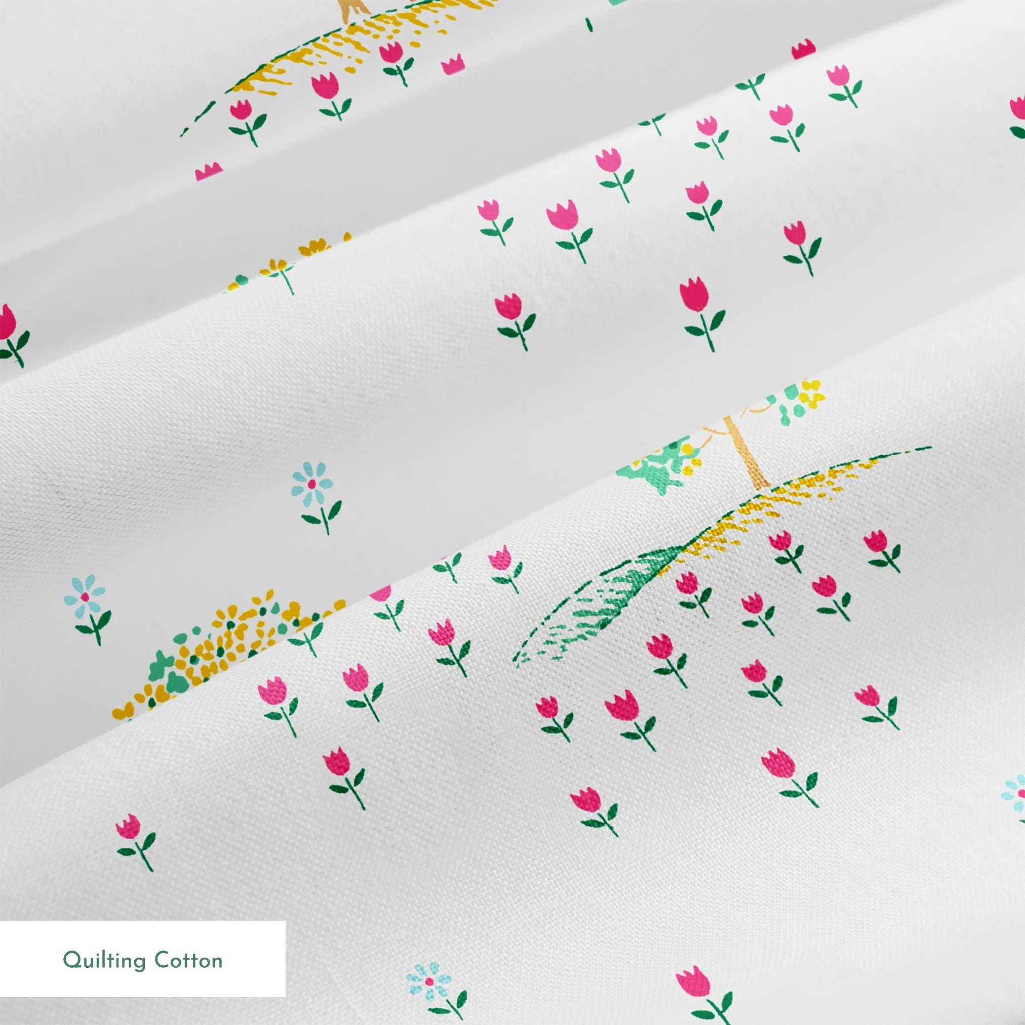 Whimsical pattern of colorful trees on small hills with scattered tiny flowers on a white background springs quiltingcotton texture
