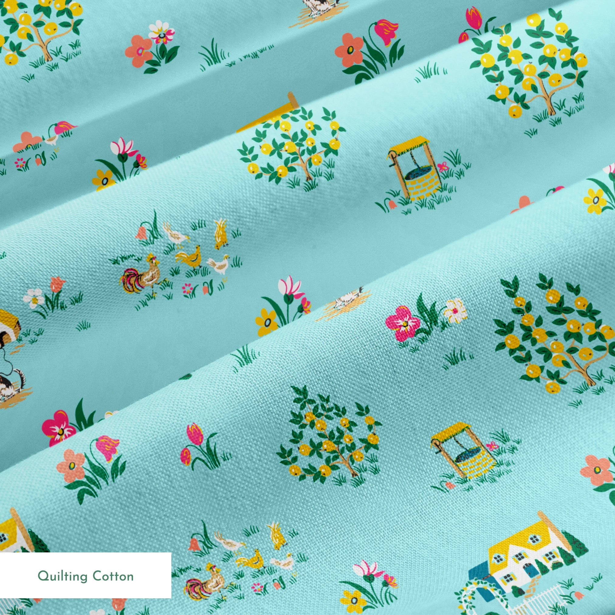 Whimsical light blue pattern with tiny cottages, tulips, and flower gardens in pastel colors springs quiltingcotton texture