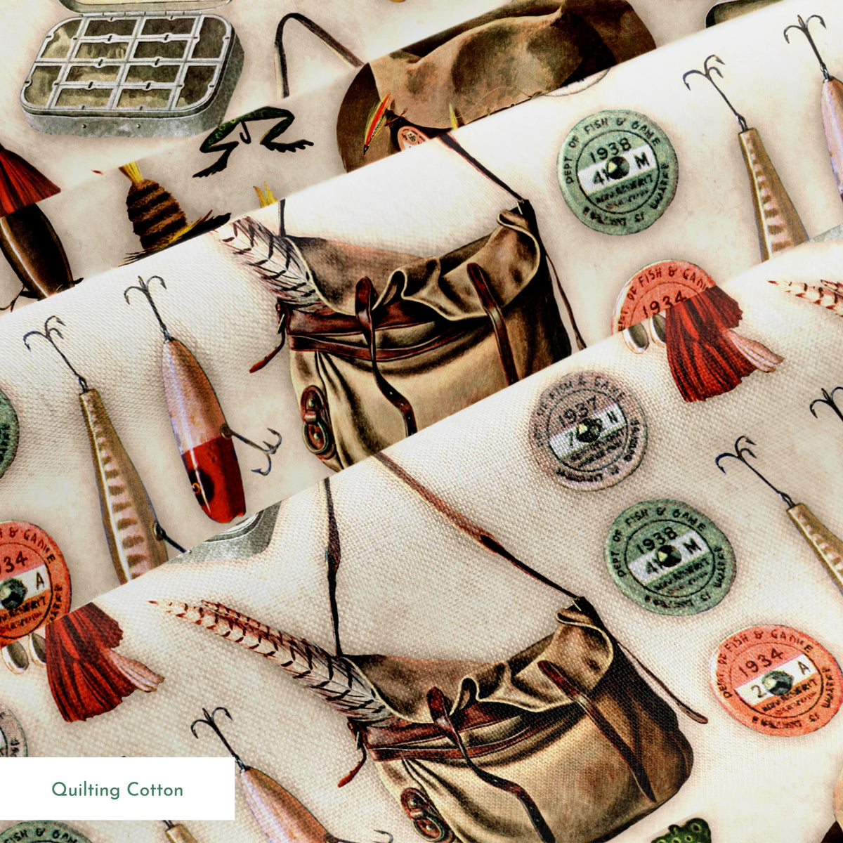 Vintage fishing gear illustration with tackle box, hat, lures, reels, and canvas bag on beige background springs quiltingcotton texture