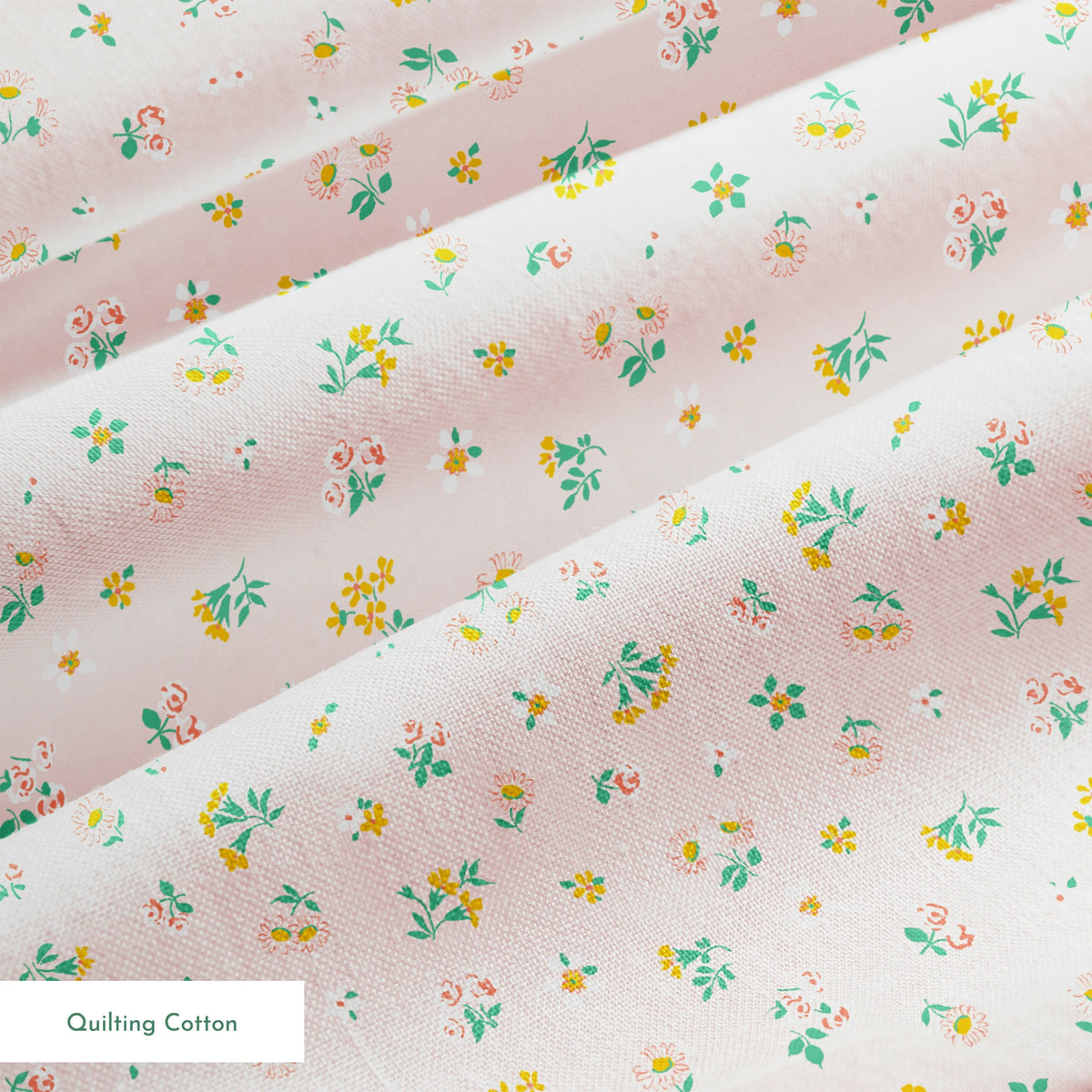 Small floral pattern on pink background with white daisies and yellow, blue, and pink flowers springs quiltingcotton texture