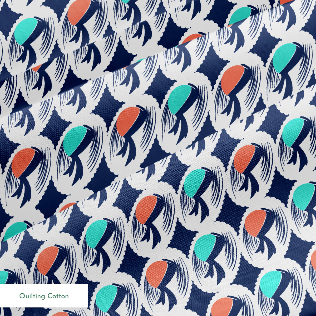 Abstract pattern with repeating mint green and coral circular shapes on navy background with white brushstroke details springs quiltingcotton texture