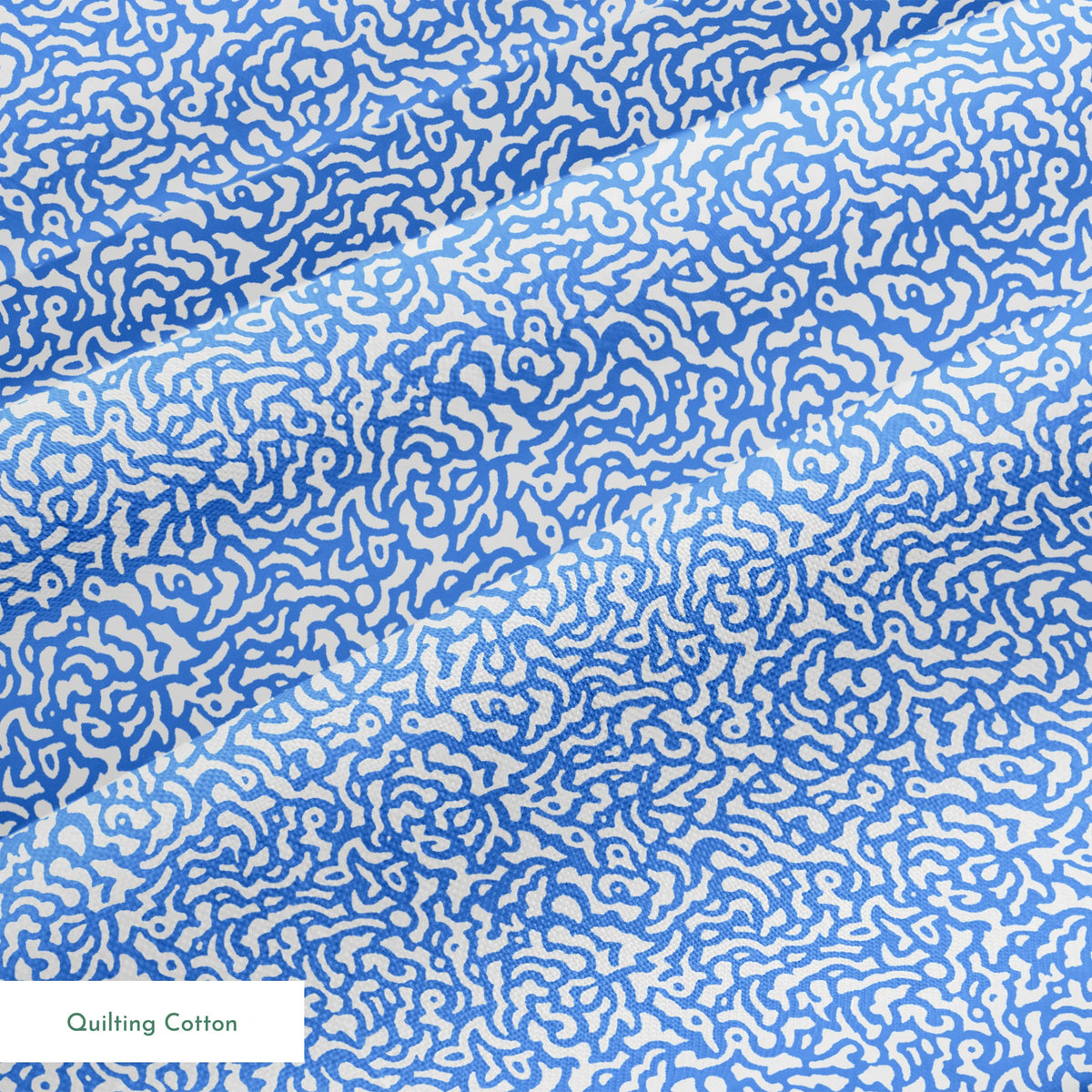 Blue and white abstract pattern with wavy, maze-like lines creating a flowing organic texture springs quiltingcotton texture