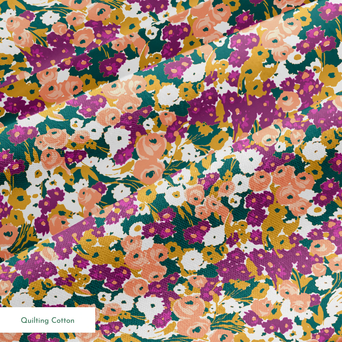 Vibrant floral pattern with peach, purple, white, and gold blooms against dark green foliage springs quiltingcotton texture