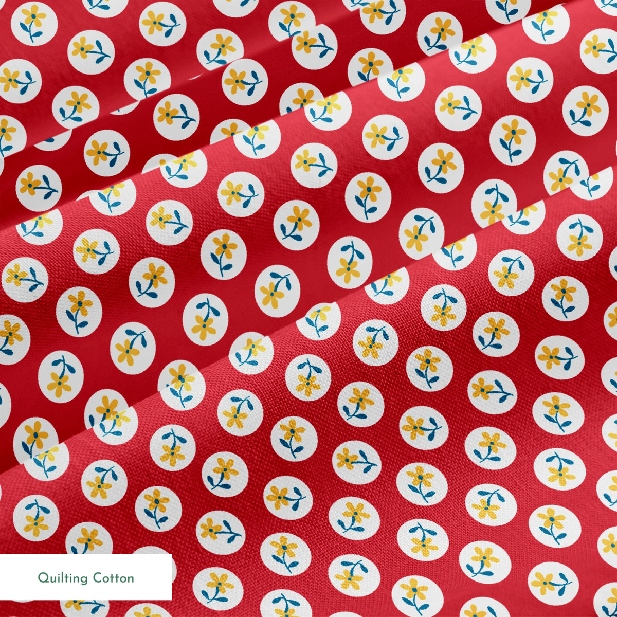 Yellow flowers with blue stems on white circles against red background in repeating pattern springs quiltingcotton texture