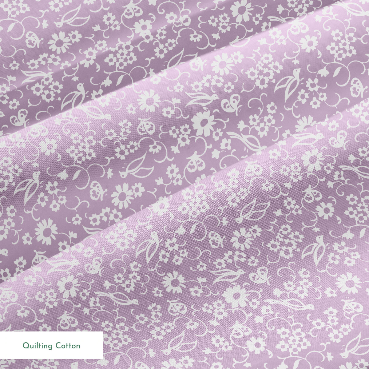 White floral pattern on lavender purple background with daisies and decorative swirls springs quiltingcotton texture