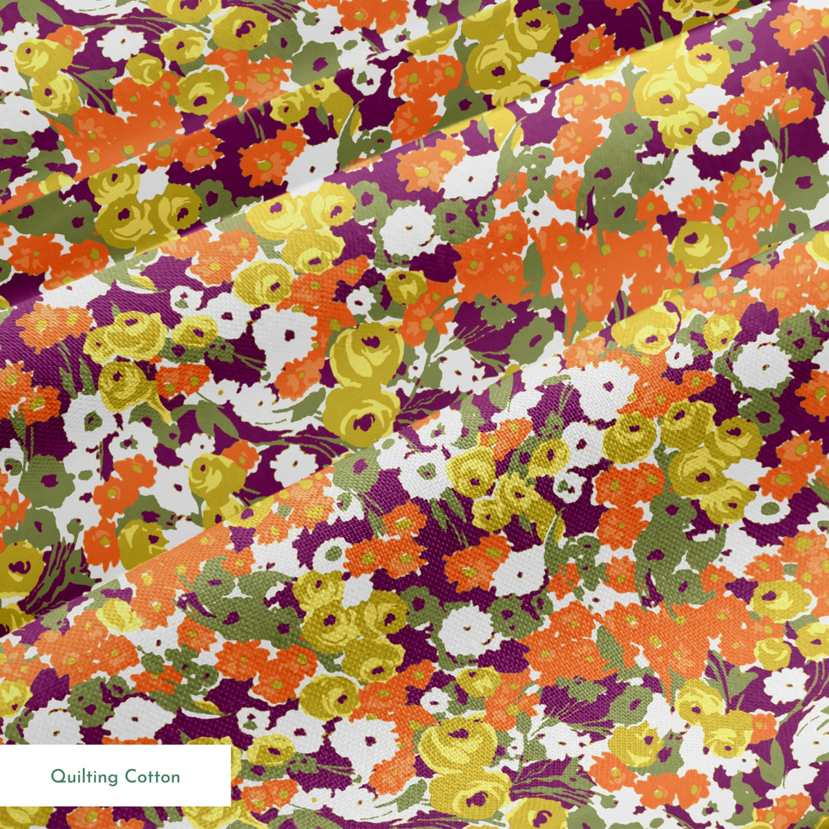 Vibrant floral pattern with white, orange, yellow, green, and purple abstract blooms springs quiltingcotton texture