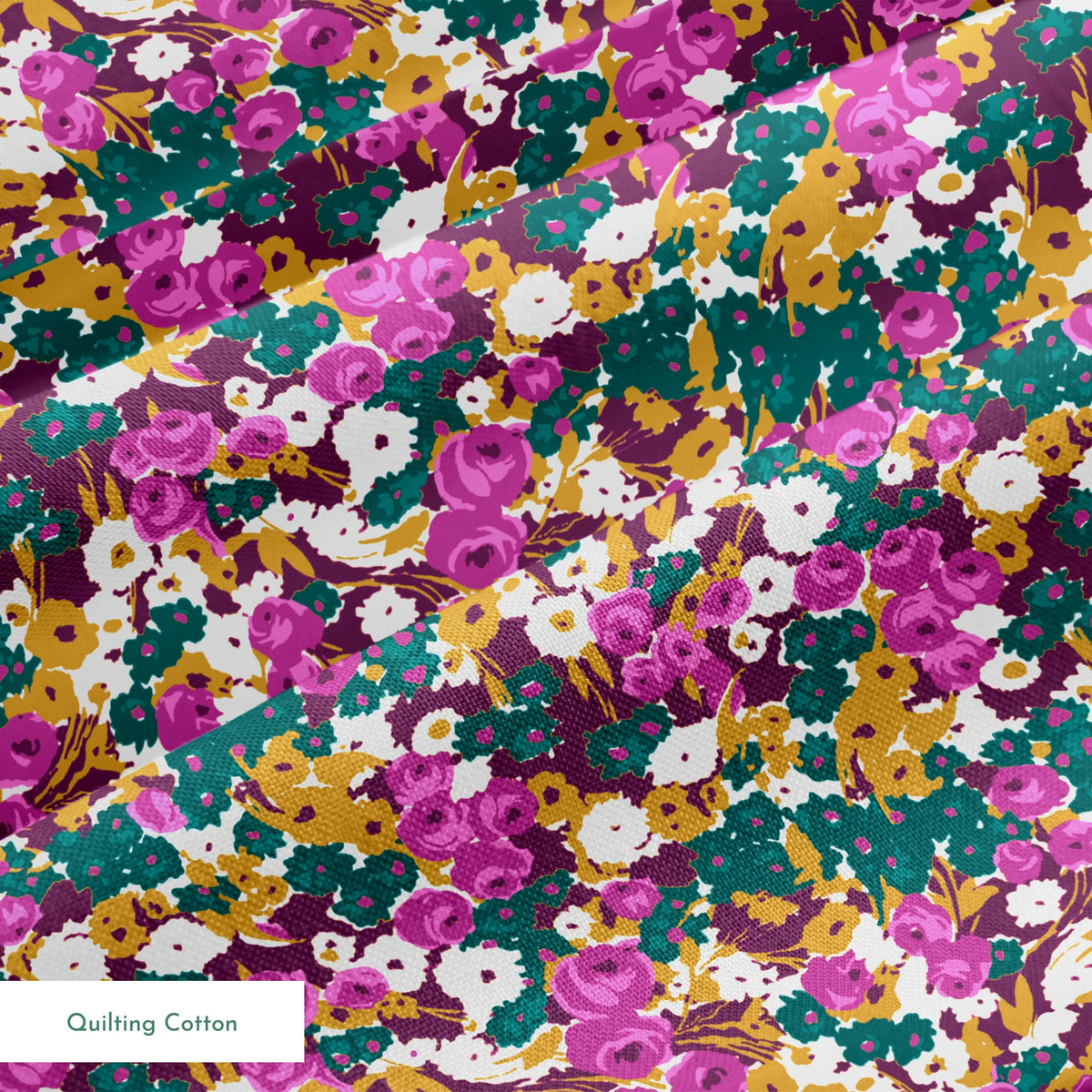 Vibrant floral pattern with purple, white, and gold flowers on teal background springs quiltingcotton texture