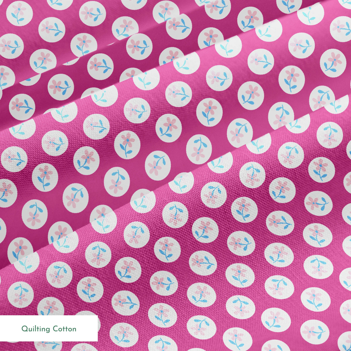 White circular dots with pink flowers and blue leaves pattern on vibrant magenta background springs quiltingcotton texture