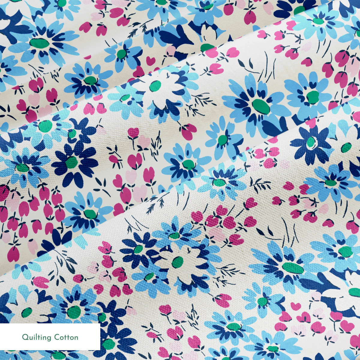 Floral pattern with blue, navy, and white daisies alongside small magenta berries on cream background springs quiltingcotton texture