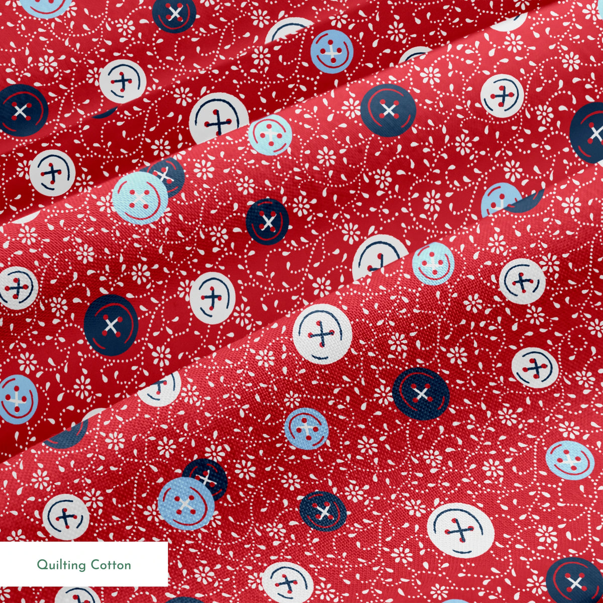 Red background with small white floral pattern featuring scattered button designs in blue, white, and navy cross details springs quiltingcotton texture