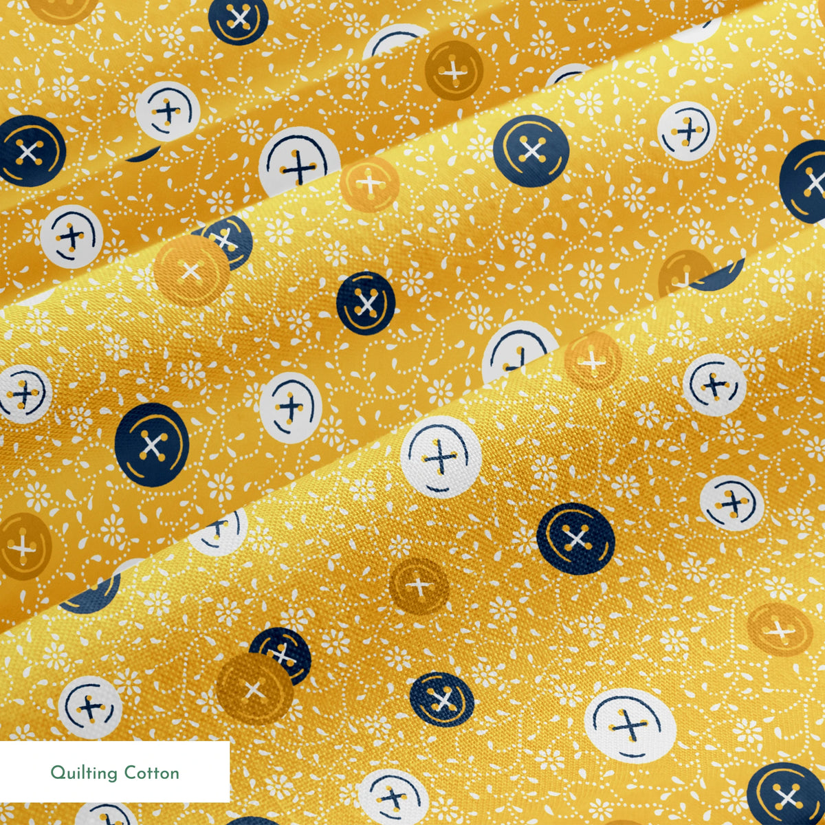 Circular buttons with cross symbols in gold, navy, and white scattered on a gold floral background springs quiltingcotton texture