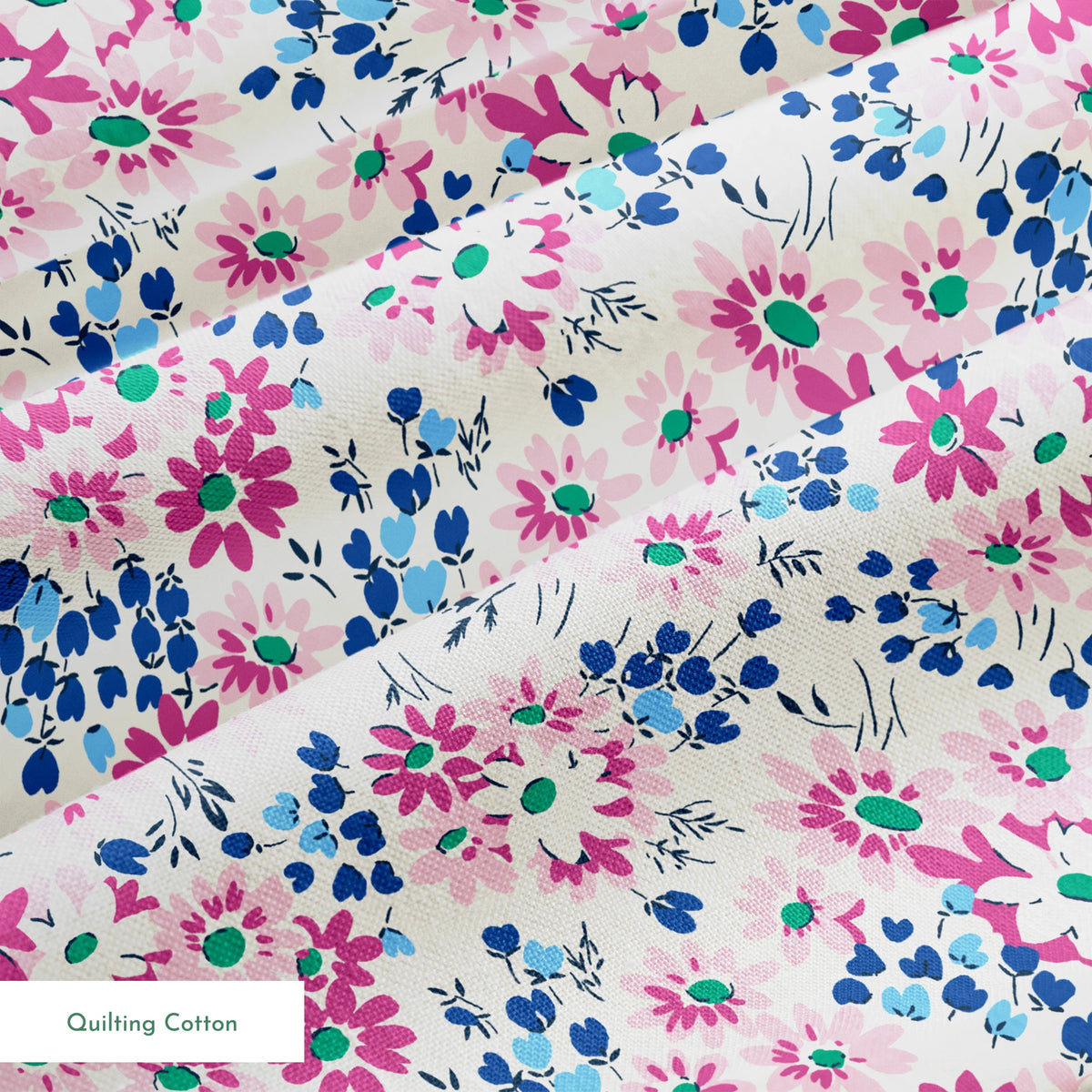 Colorful floral pattern with pink and magenta daisies, blue berries, and green accents on cream background springs quiltingcotton texture