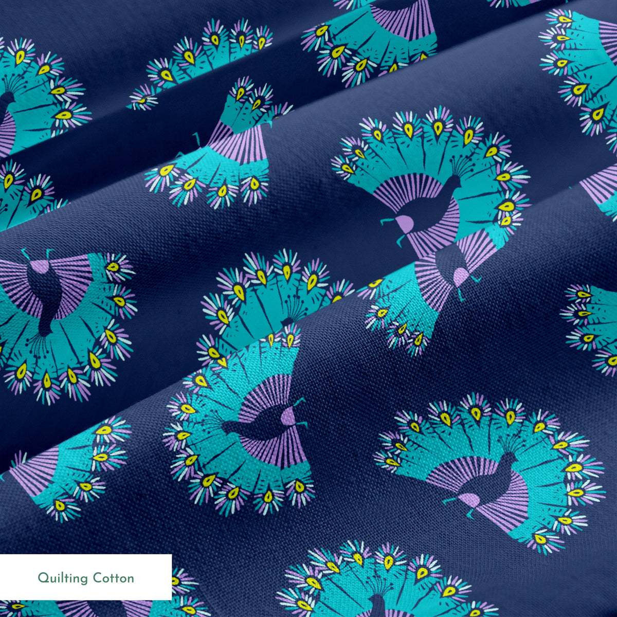 Vibrant peacock-inspired pattern with teal and purple fan shapes on blue background springs quiltingcotton texture