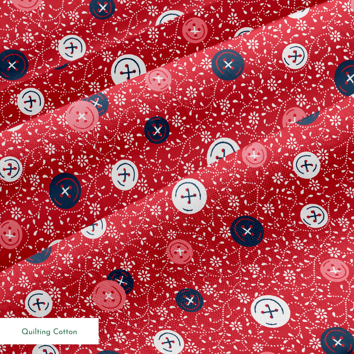 Red background with scattered buttons in white, blue, and coral colors featuring sewing motifs and small floral patterns springs quiltingcotton texture