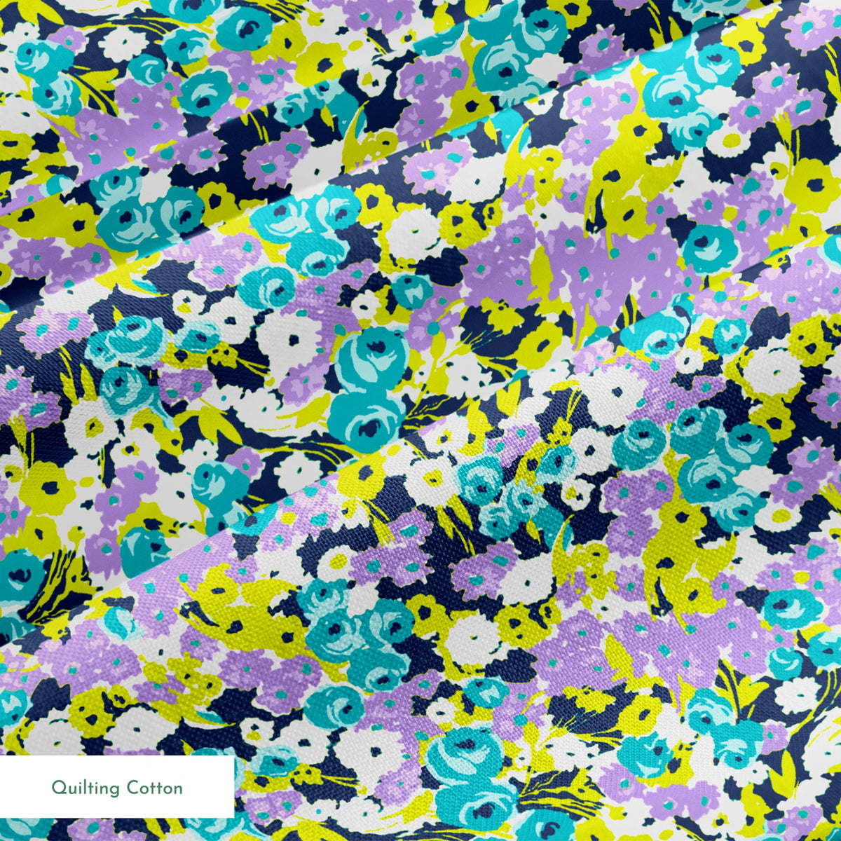 Vibrant floral pattern with turquoise, purple, white, and chartreuse blooms on dark background springs quiltingcotton texture
