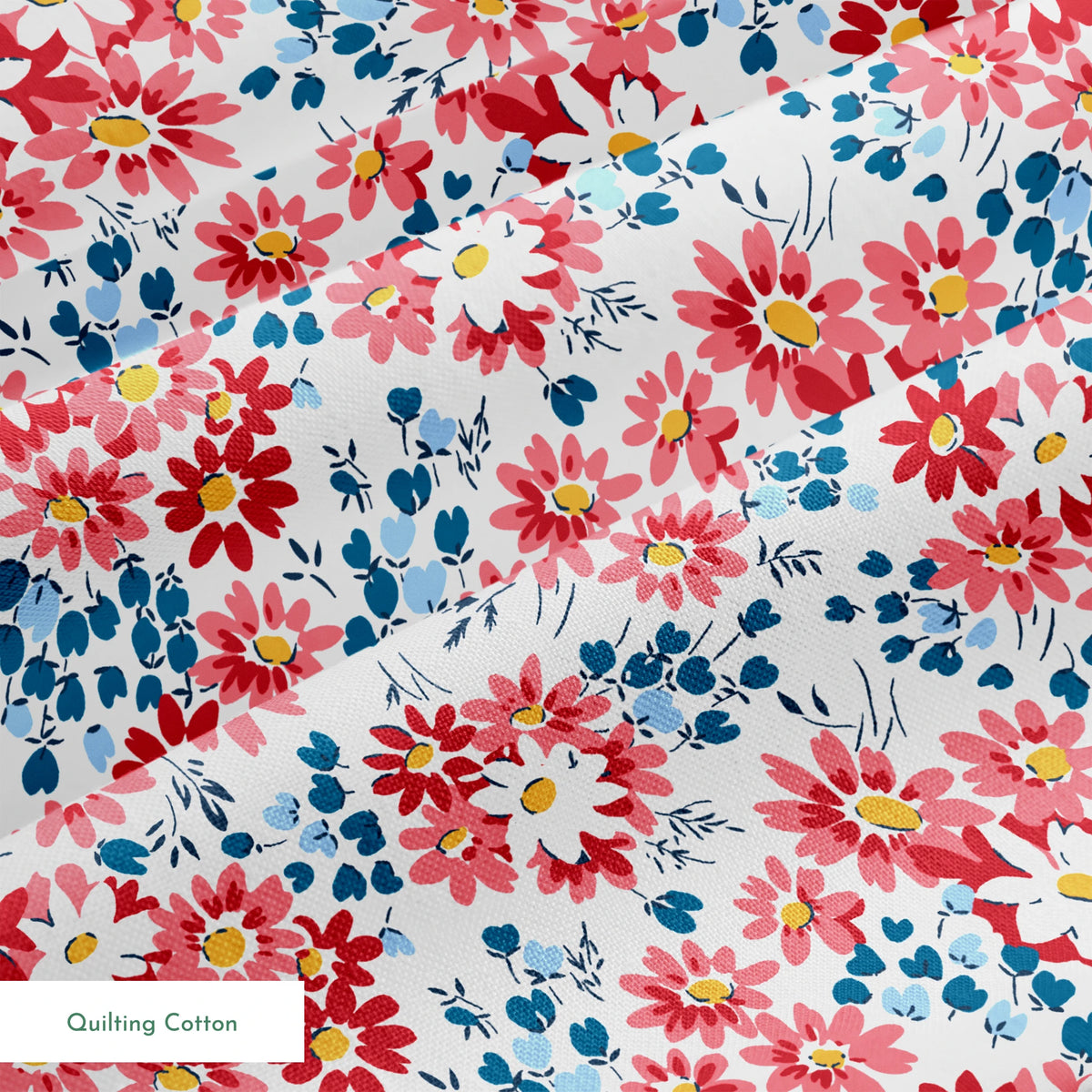Colorful floral pattern with coral, red, and white daisies with yellow centers and teal leaves springs quiltingcotton texture