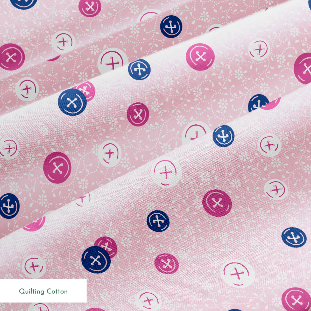 Scattered buttons in white, pink, and navy on a light pink floral background springs quiltingcotton texture