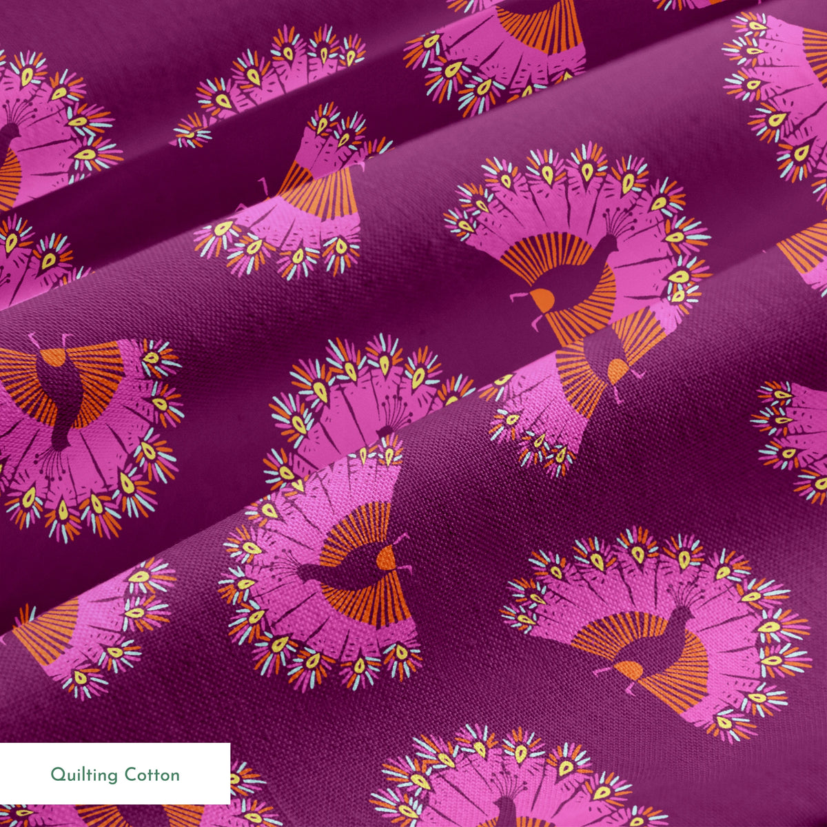 Decorative pattern with peacocks arranged in circular formations against a deep purple background springs quiltingcotton texture