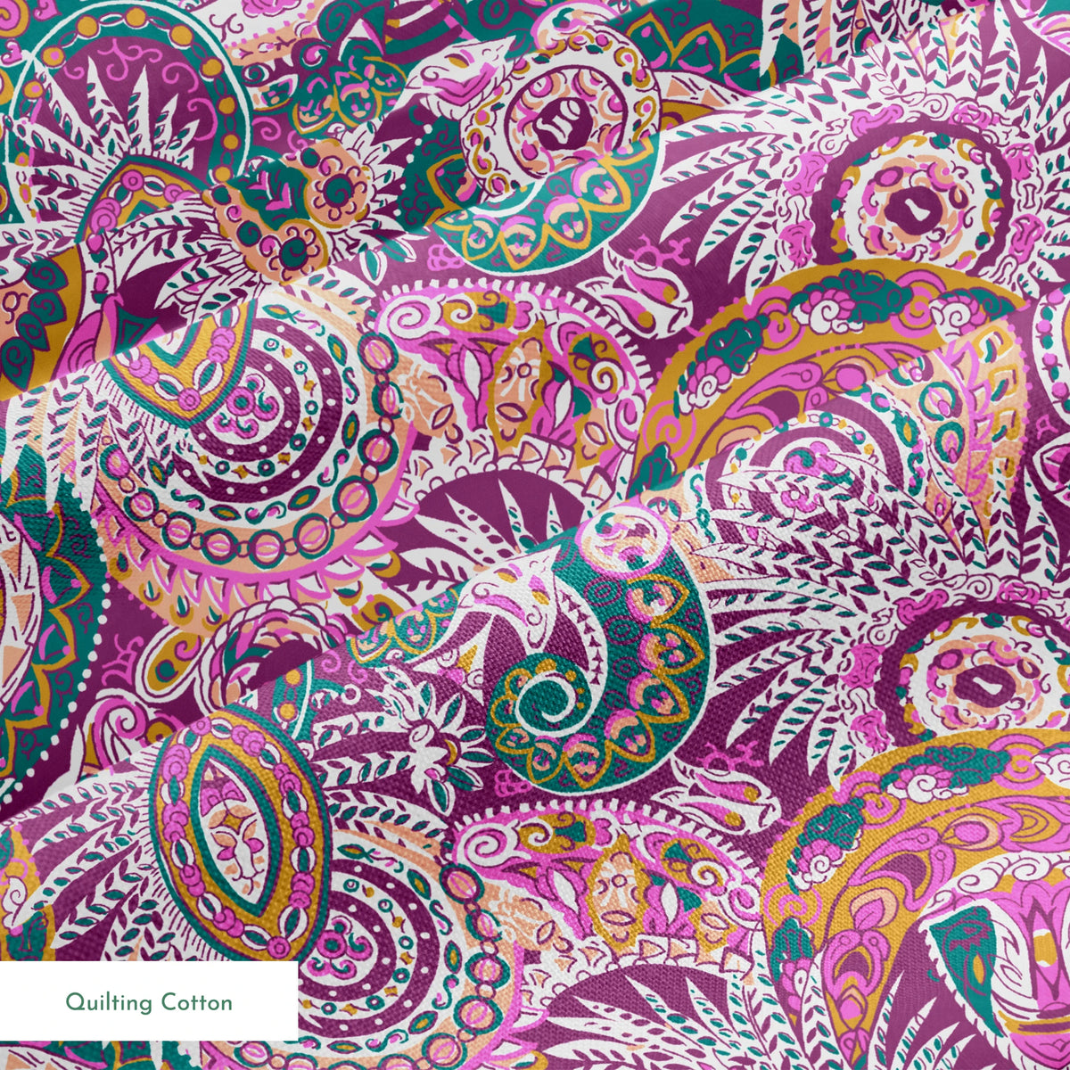 Colorful paisley pattern with intricate swirls in purple, pink, orange, and teal tones springs quiltingcotton texture