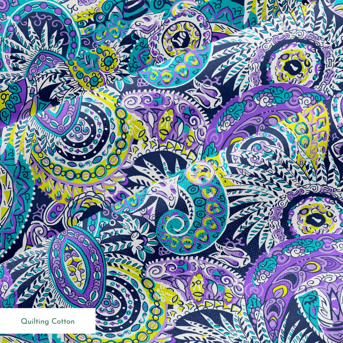 Vibrant paisley pattern with swirling designs in purple, blue, yellow, and white springs quiltingcotton texture