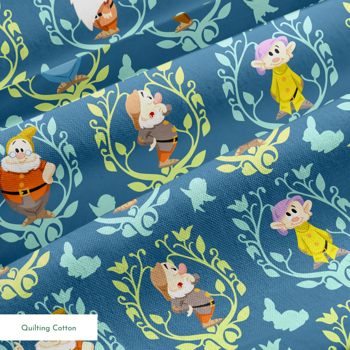 Pattern of cartoon birds in decorative oval frames on blue background with leaf motifs springs quiltingcotton texture