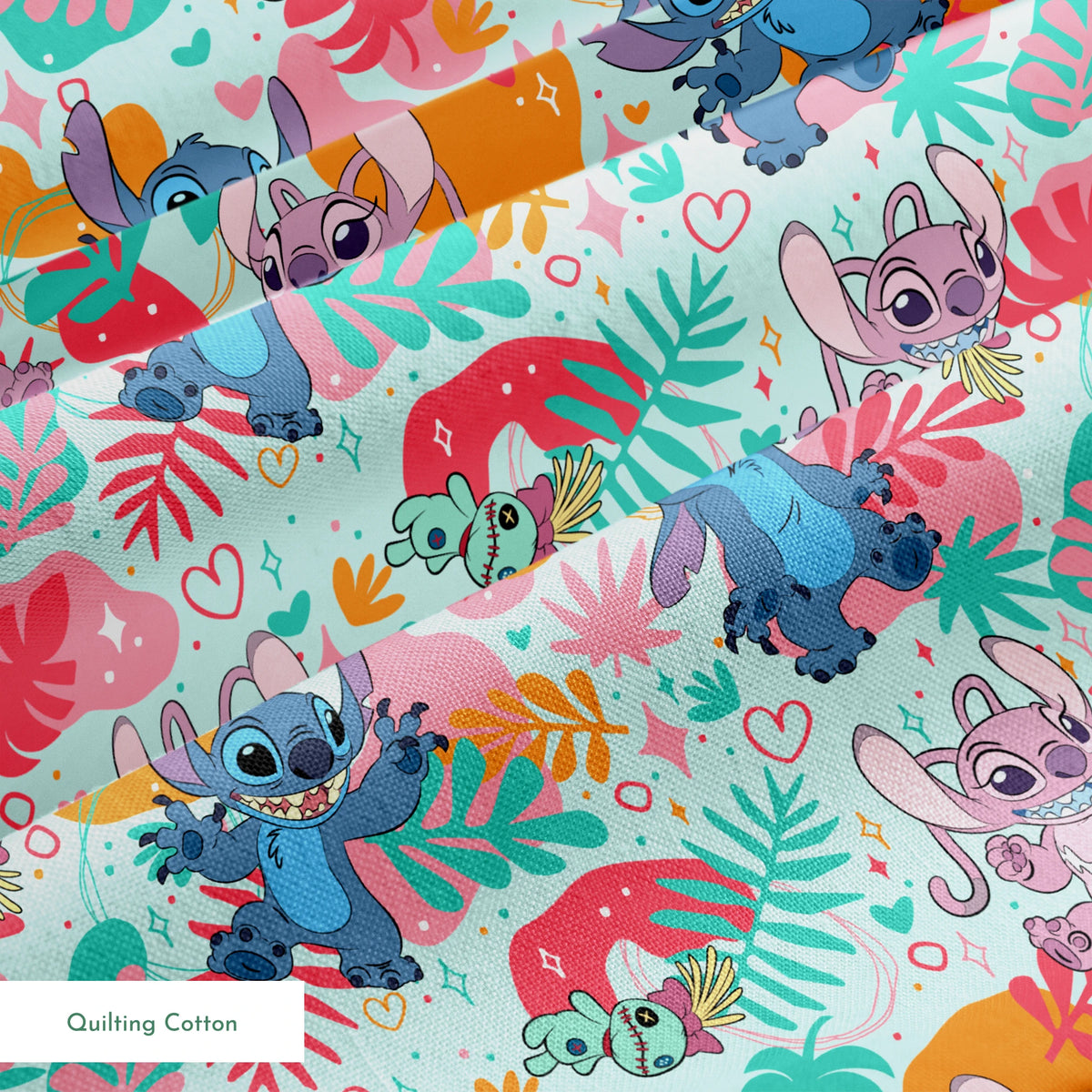 Colorful Stitch pattern with characters from Lilo & Stitch amid tropical leaves on turquoise background springs quiltingcotton texture
