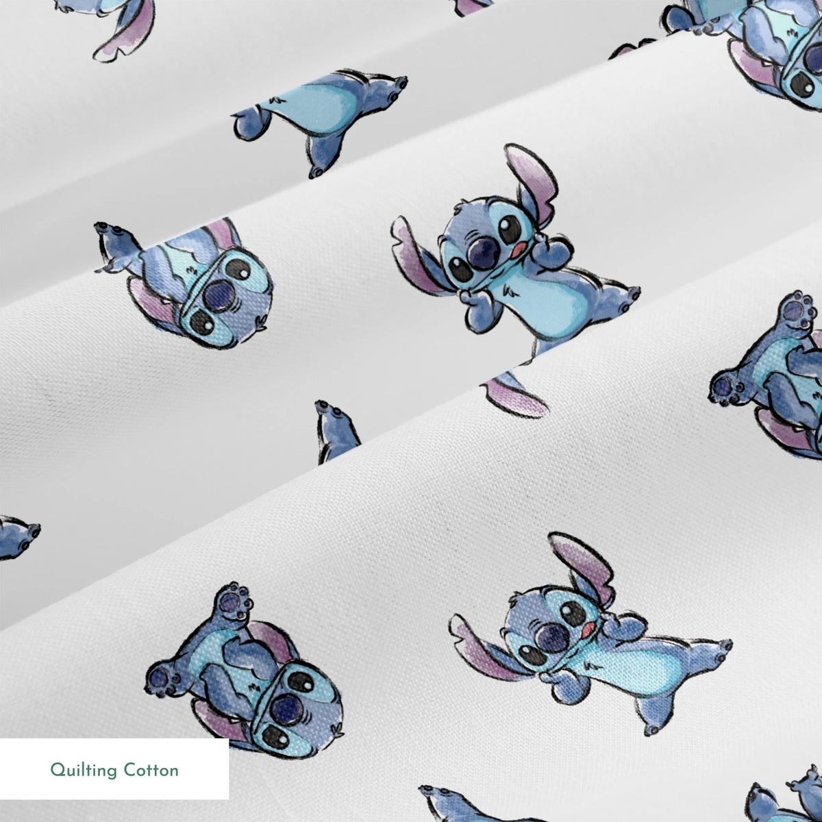 Blue cartoon Stitch characters from Disney's Lilo & Stitch in various playful poses on white background springs quiltingcotton texture