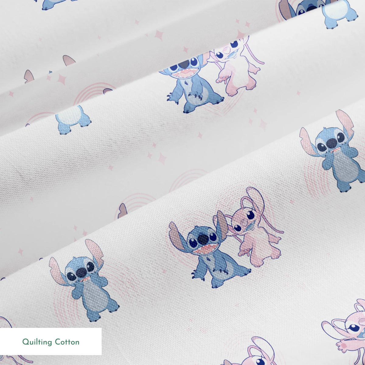 Cartoon pattern of blue and pink Stitch characters from Lilo & Stitch with playful poses on pale background springs quiltingcotton texture