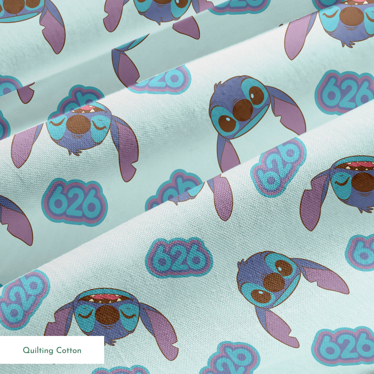 Blue cartoon creatures with large ears and swirl patterns on light teal background springs quiltingcotton texture