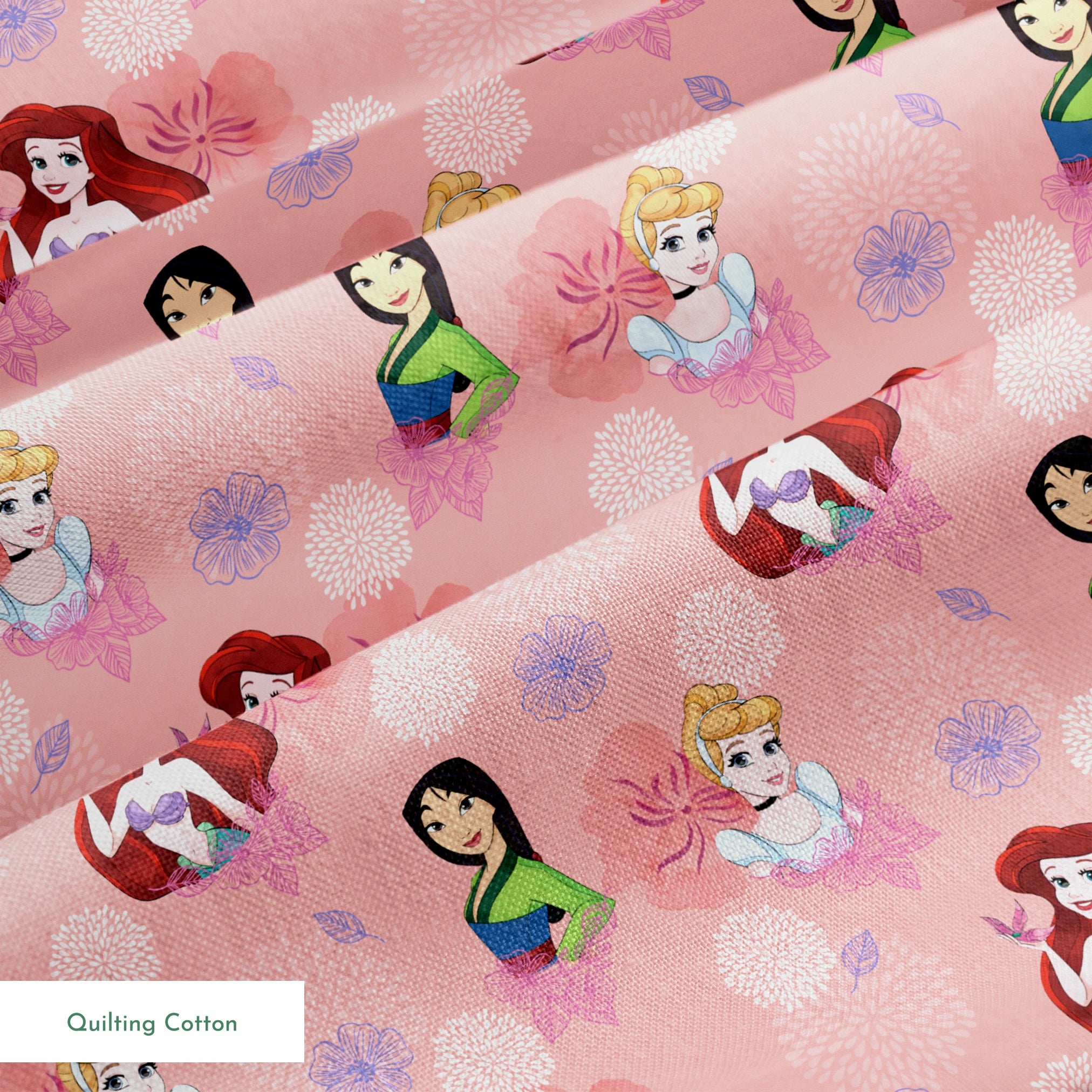 Disney princess characters on pink floral background with delicate flower patterns springs quiltingcotton texture