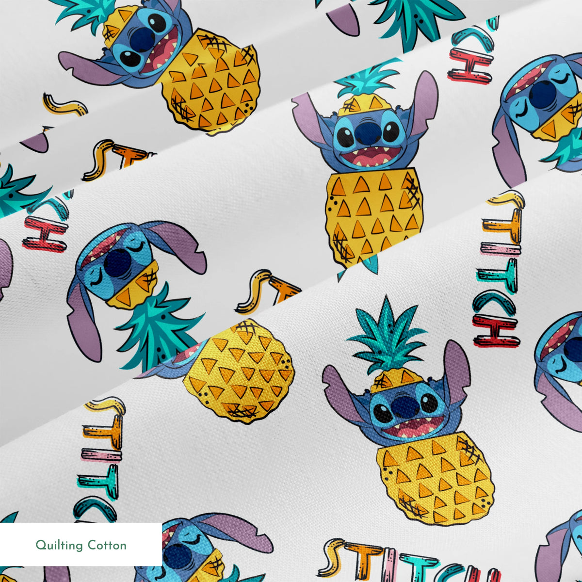 Colorful pattern of cartoon blue creatures with long ears inside pineapples, with "Stitch" text springs quiltingcotton texture