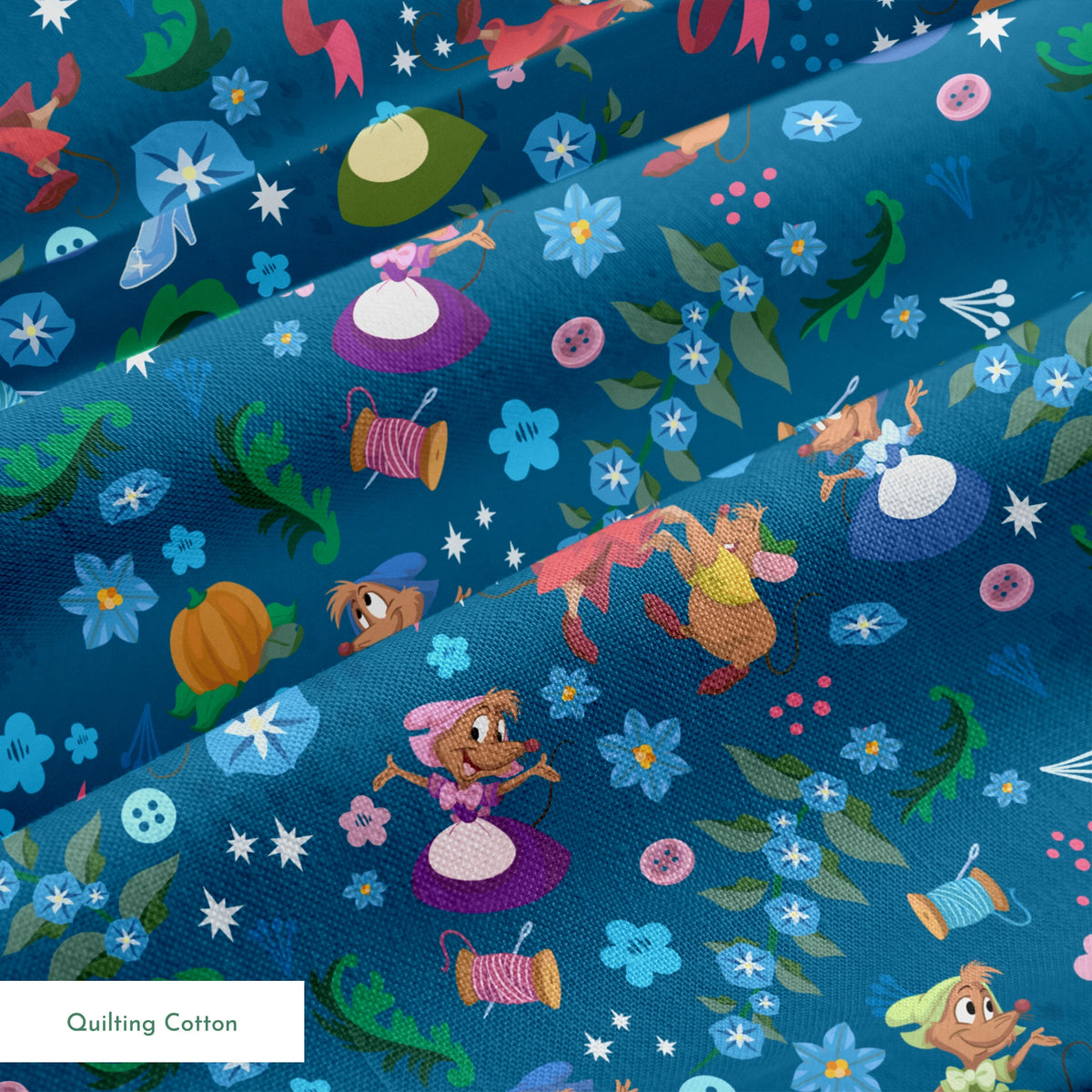 Colorful fairy tale pattern with mice, glass slippers, pumpkins, and floral elements on deep blue background springs quiltingcotton texture