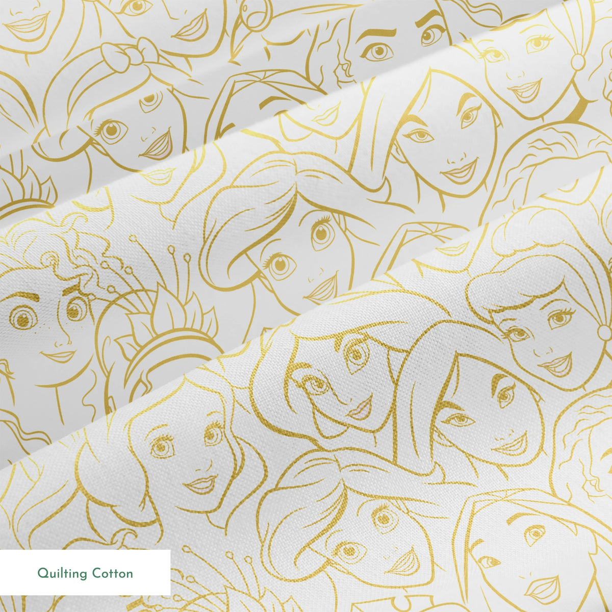 Golden line art of Disney princesses in an overlapping collage pattern with expressive facial features. springs quiltingcotton texture