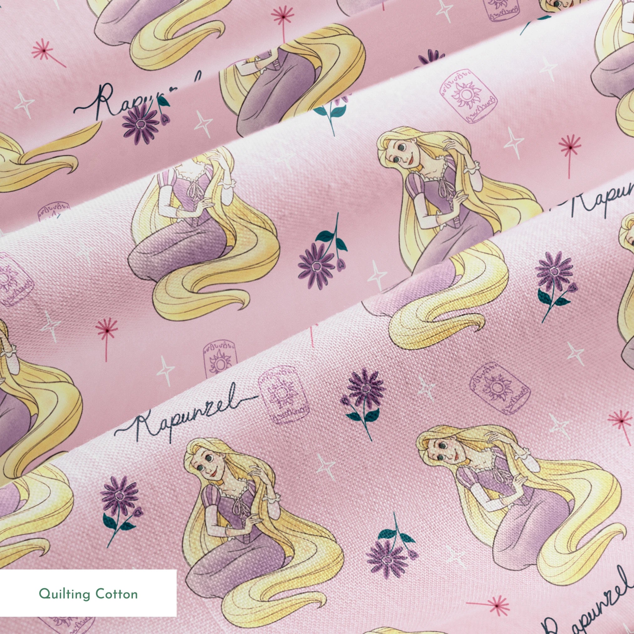 Repeating pattern of blonde character in purple dress with long flowing hair, flowers, and "Rapunzel" text on pink background springs quiltingcotton texture
