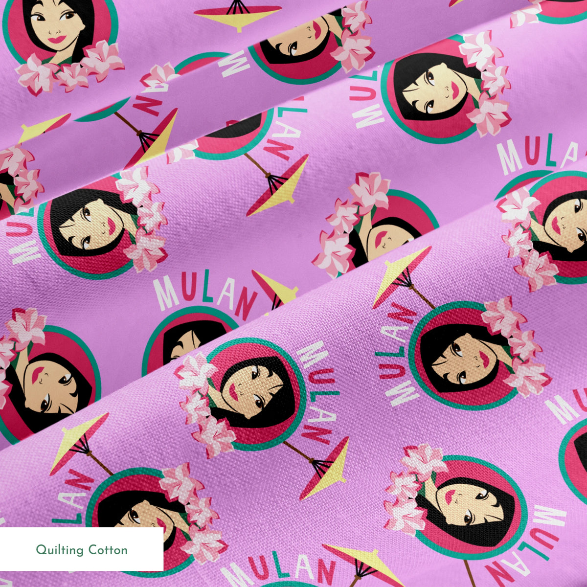 Animated character portrait pattern on purple background with pink flowers and yellow parasols springs quiltingcotton texture