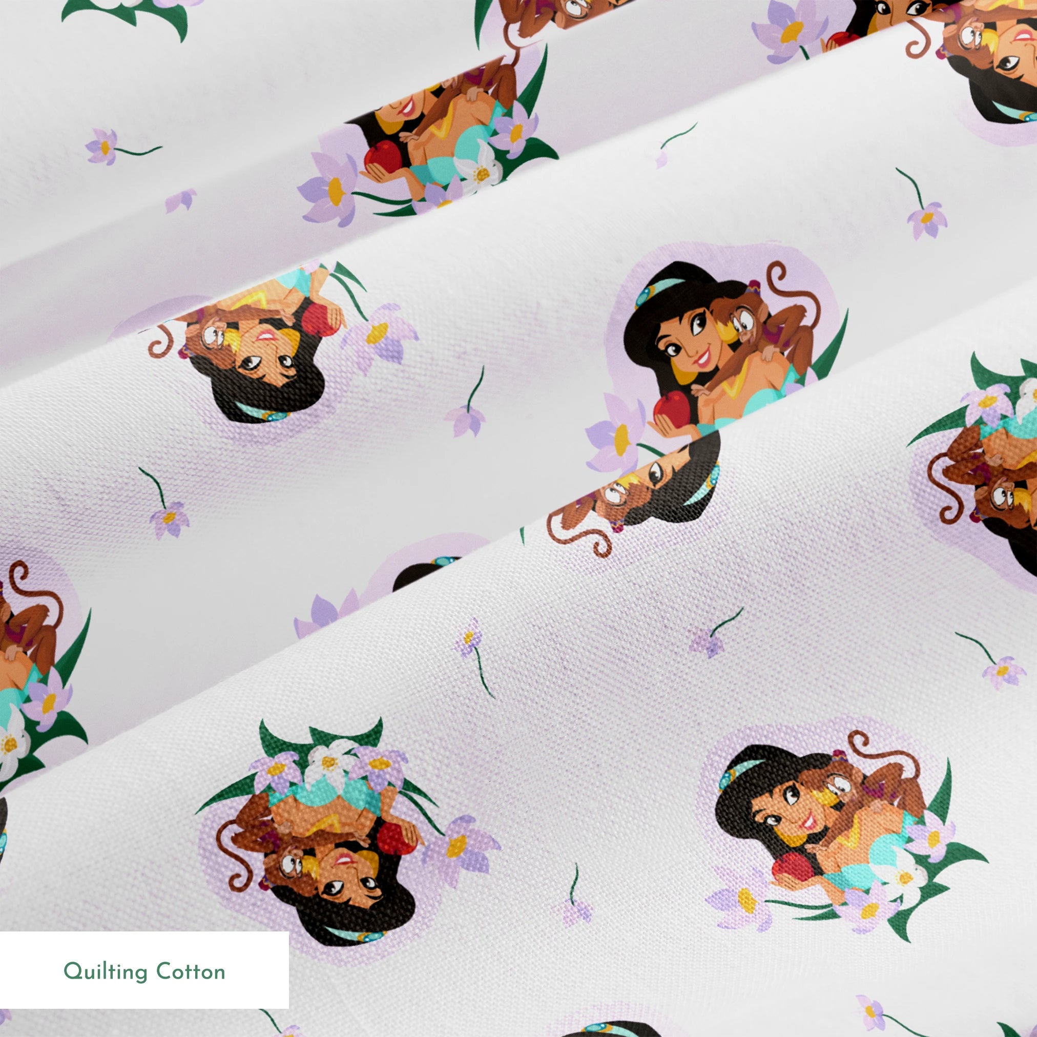 Cartoon pattern of Princess Jasmine with tiger cub surrounded by flowers on light pink background springs quiltingcotton texture