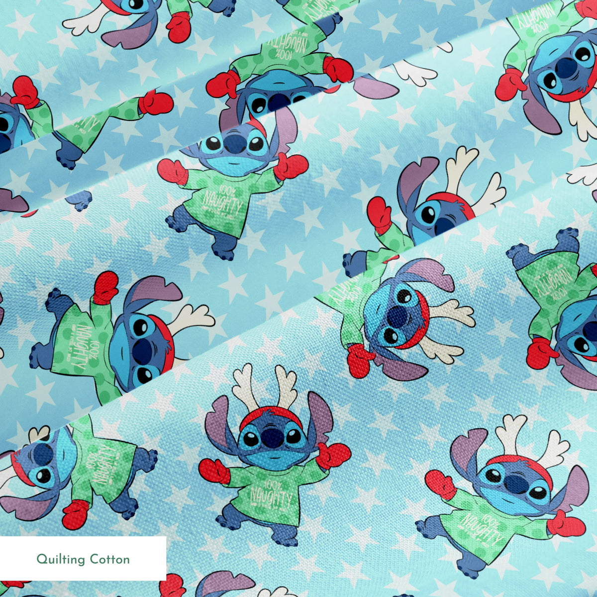 A repeating pattern of Disney's Stitch in holiday outfits with Christmas trees on light blue snowflake background. springs quiltingcotton texture