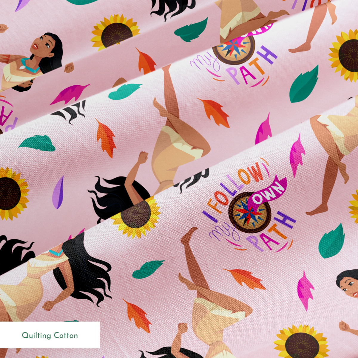Colorful pattern with figures in relaxed poses, sunflowers, and text "Hi I Follow My Own Path" on pink background springs quiltingcotton texture