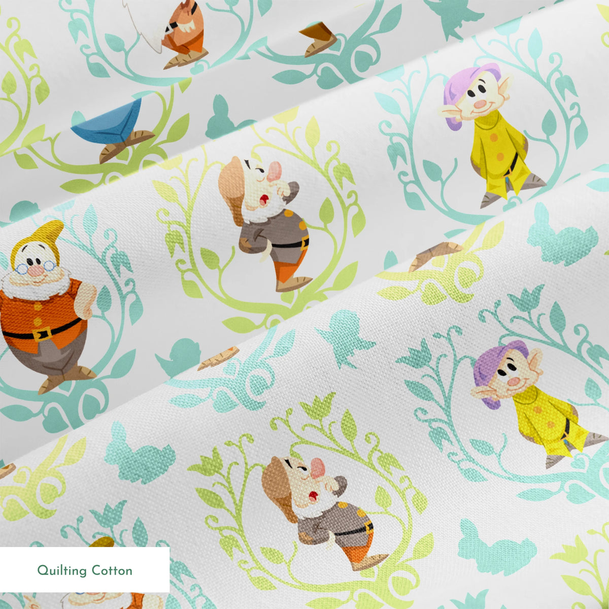 Cartoon pattern of Snow White's seven dwarfs in decorative floral frames on light background springs quiltingcotton texture