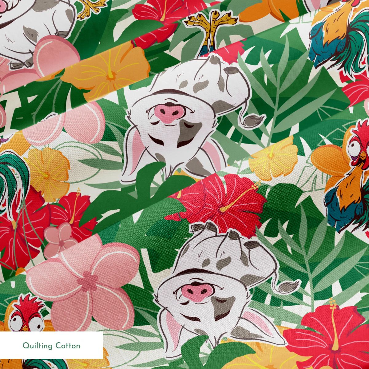 Cartoon pigs peeking through vibrant tropical flowers in red, orange, yellow, and pink among green foliage springs quiltingcotton texture