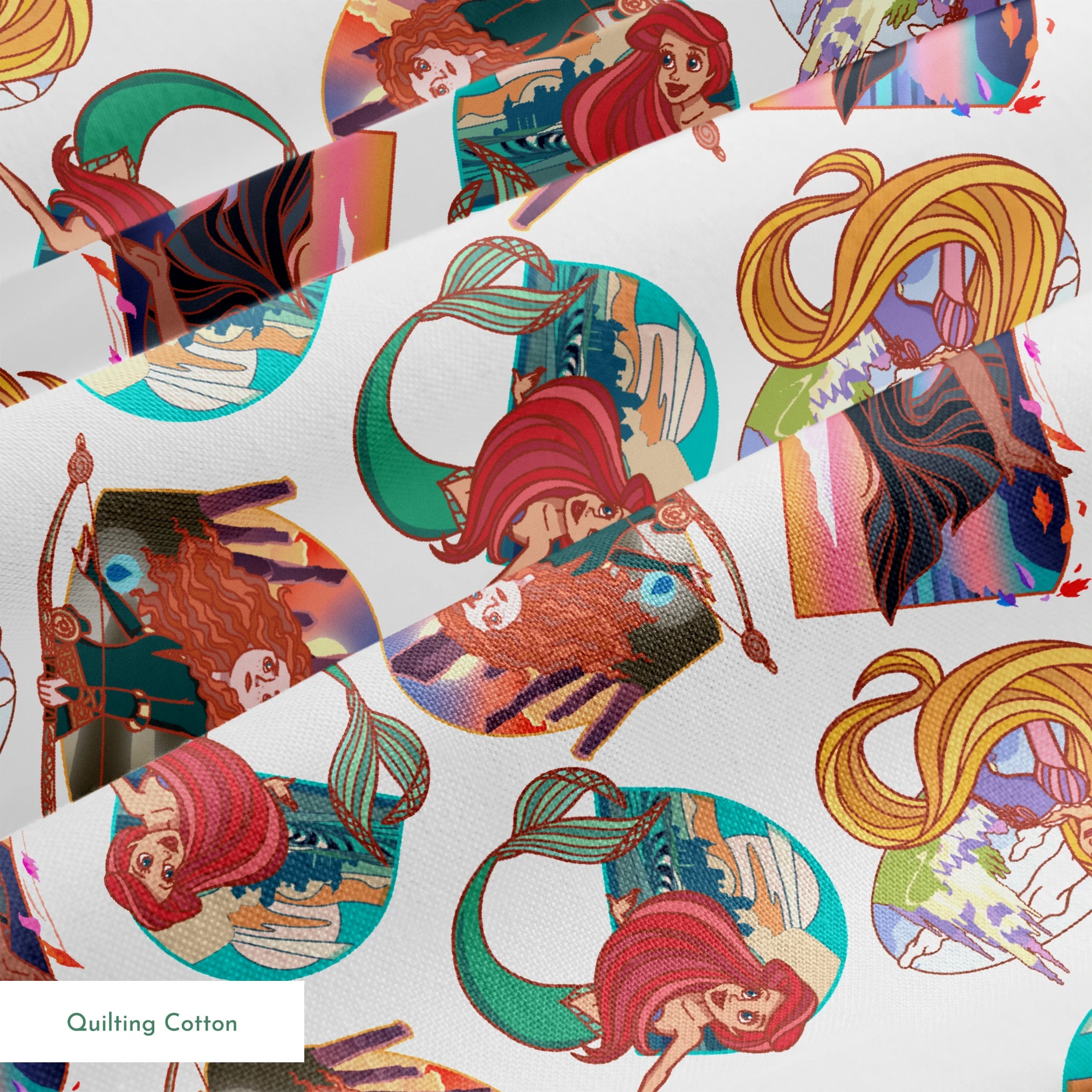 Colorful illustrated pattern of Disney princesses with curved decorative elements on white background springs quiltingcotton texture